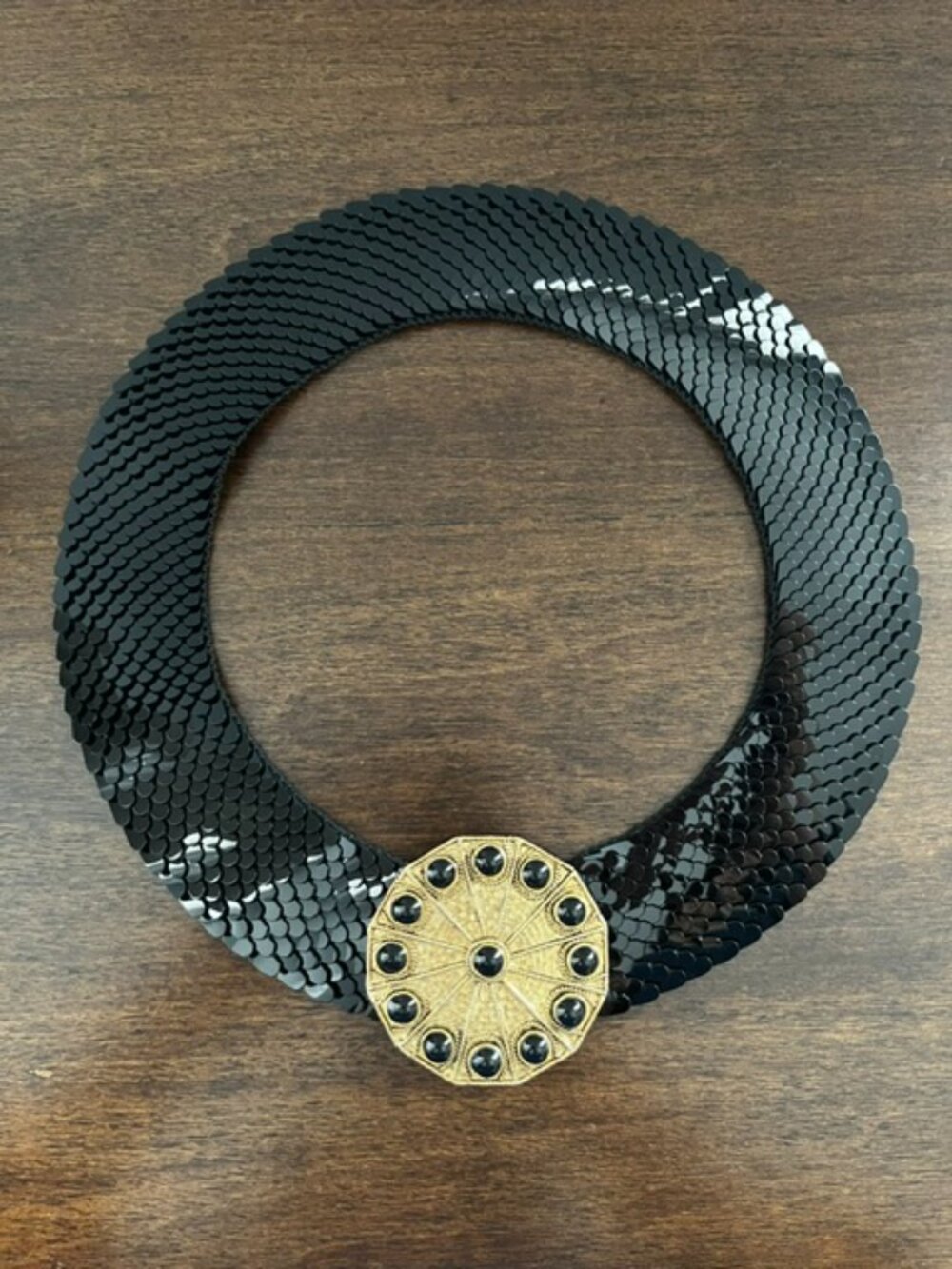 Stretch Statement Belt Black Scale Wide Gold Tone Medallion Buckle